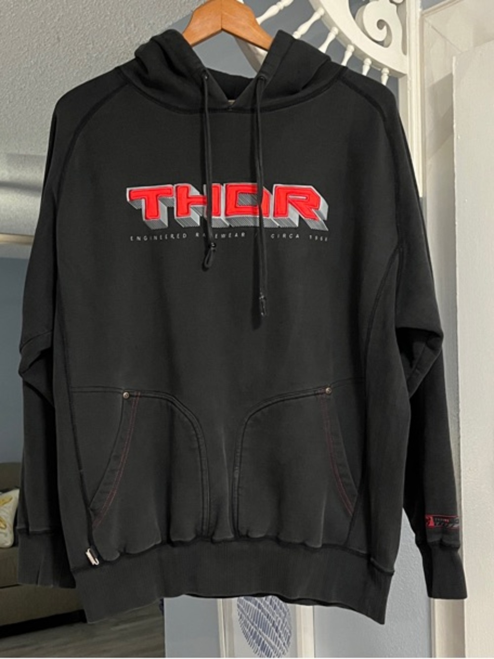 Vintage Y2K THOR MX Black Hoodie Embroidered Red THOR Chest Logo Size M